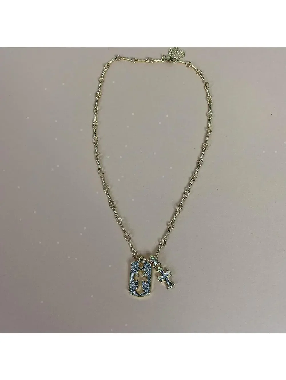 y2k 2000s style grunge gold chrome rhinestone cross dog tag style pendant